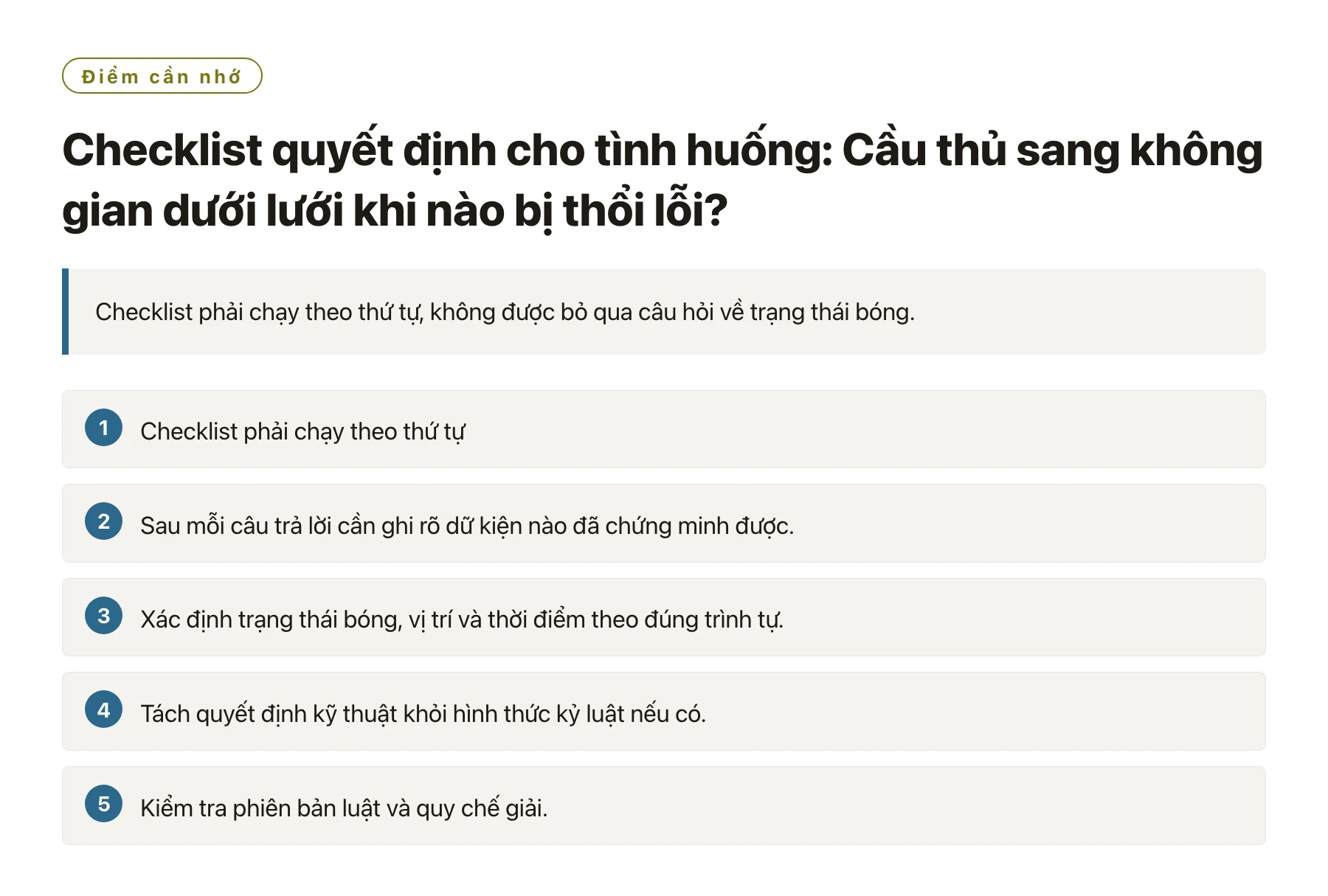 Checklist quyết định cho tình huống: Cầu thủ sang không gian dưới lưới khi nào bị thổi lỗi?——全文要点速览